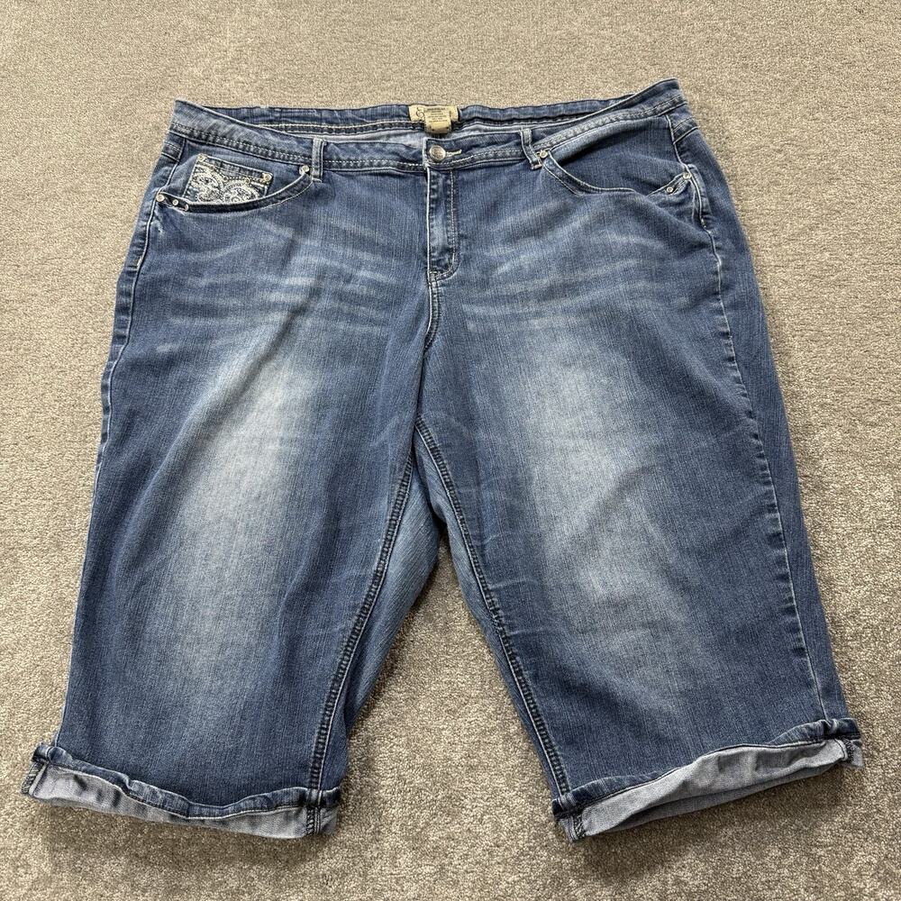 Earl Jean Womens 24W‎ Embellished Bermuda Denim Shorts Blue Studded Pockets